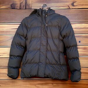 Faded Glory Black Puffer Jacket Women’s Size XS (0-2) Hooded Full Zip Snap Up